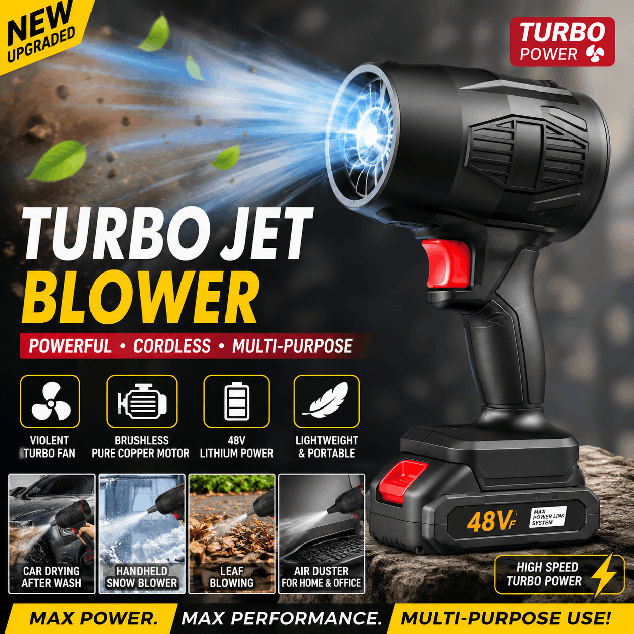 48V Turbo Jet Blower Cordless Air Duster | High Speed Brushless Leaf Blower for Car & Home